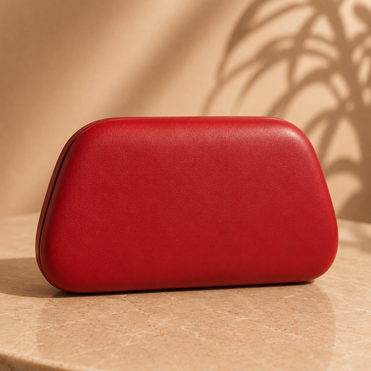 Red clutch bag on a beige surface with a soft shadow