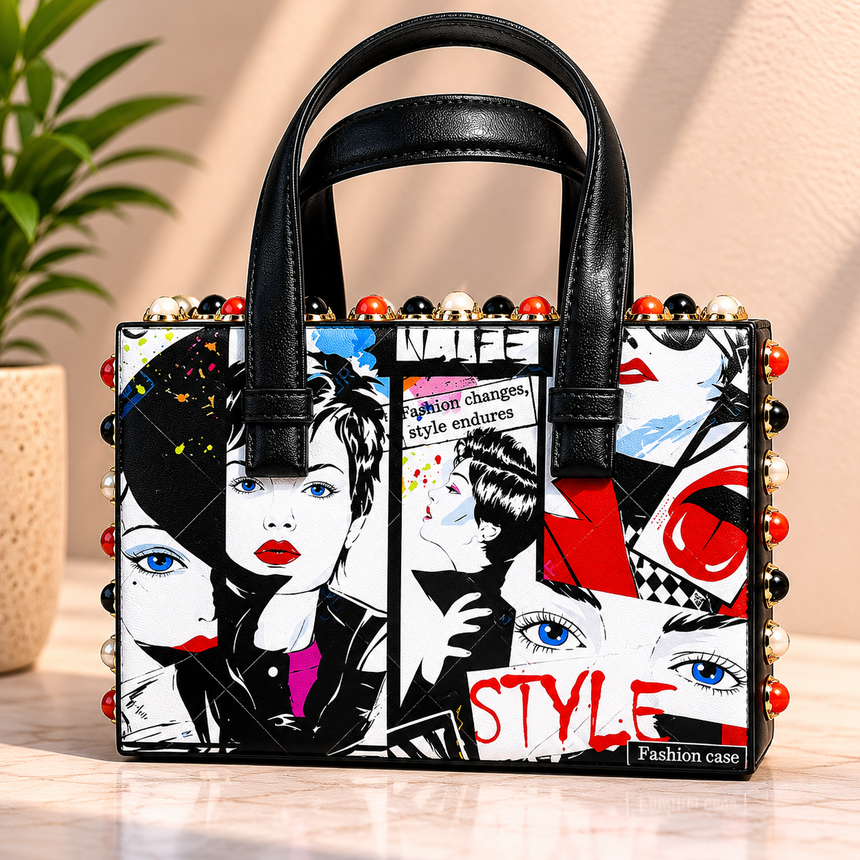 Handbag with fashion design on a neutral background