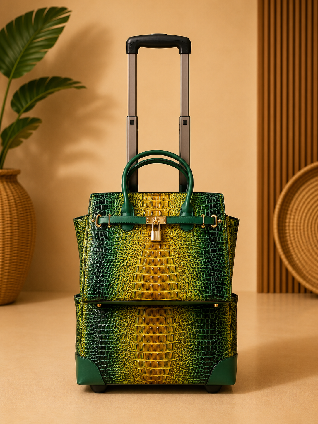 Green and yellow textured suitcase on a beige surface with a plant in the background