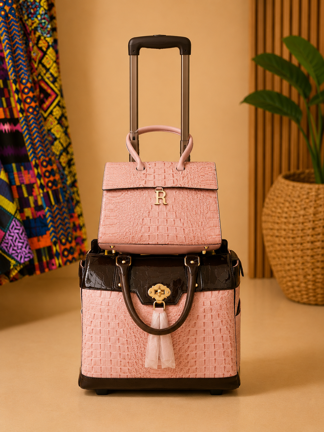 Pink handbag with black handle and gold clasp on a beige surface with a colorful fabric and plant in the background.