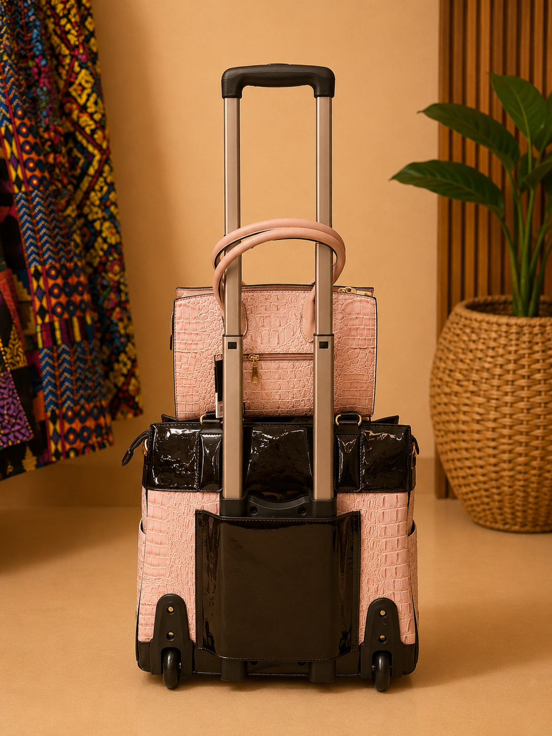 Pink textured suitcase with black accents on a beige background