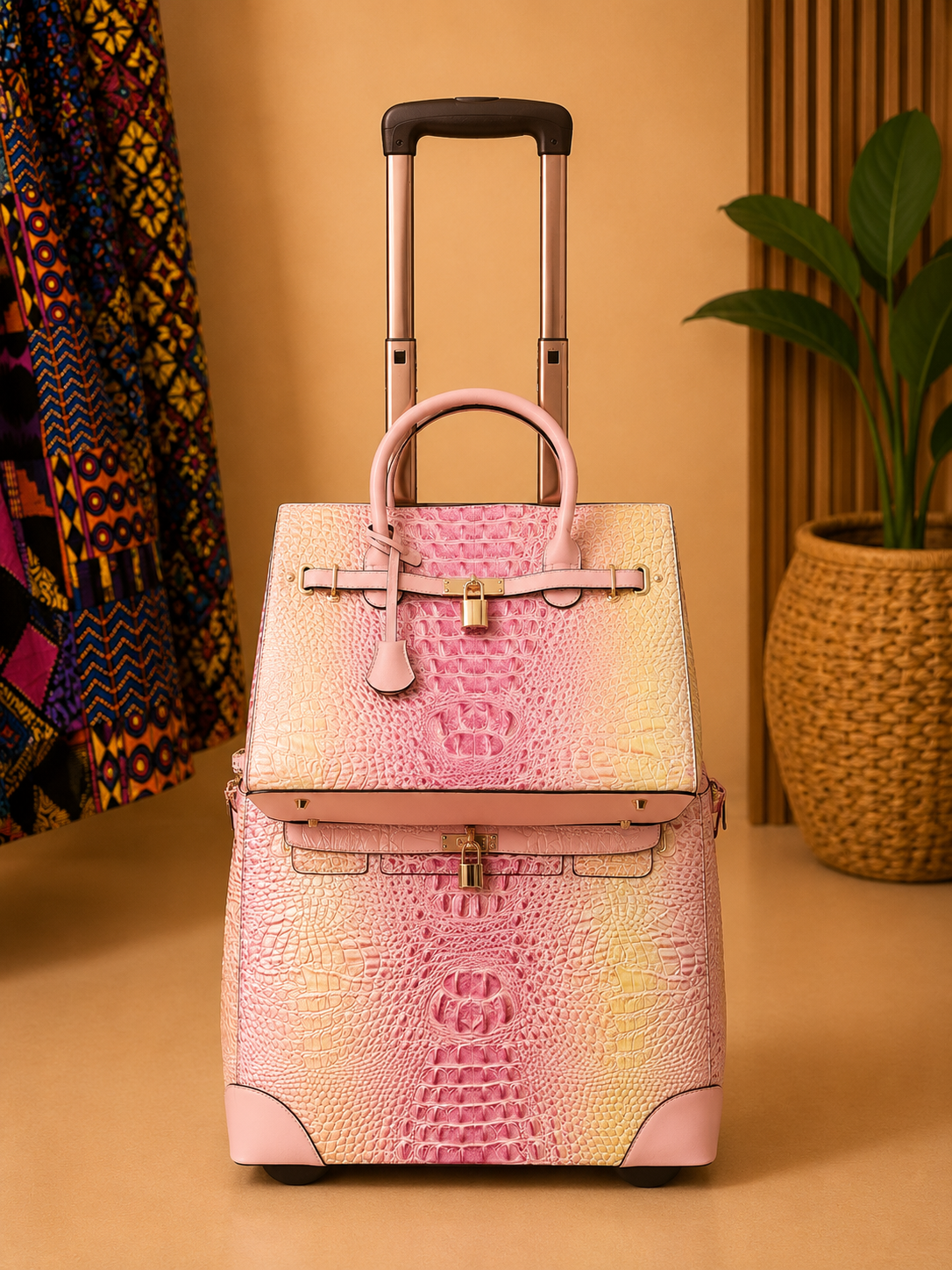 Pink and beige textured suitcase with a handle on a brown background