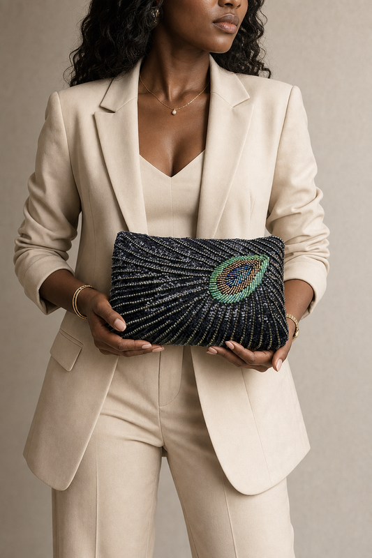 Peacock Feather Beaded Clutch